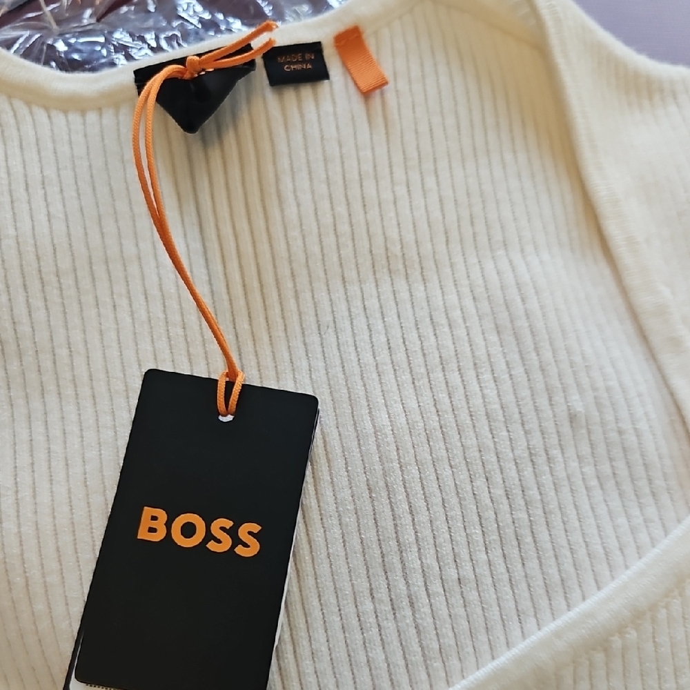 BOSS Hugo Boss Women's Size M Ribbed Knit Sweater Top Square Neck Cream NWT - Picture 7 of 10